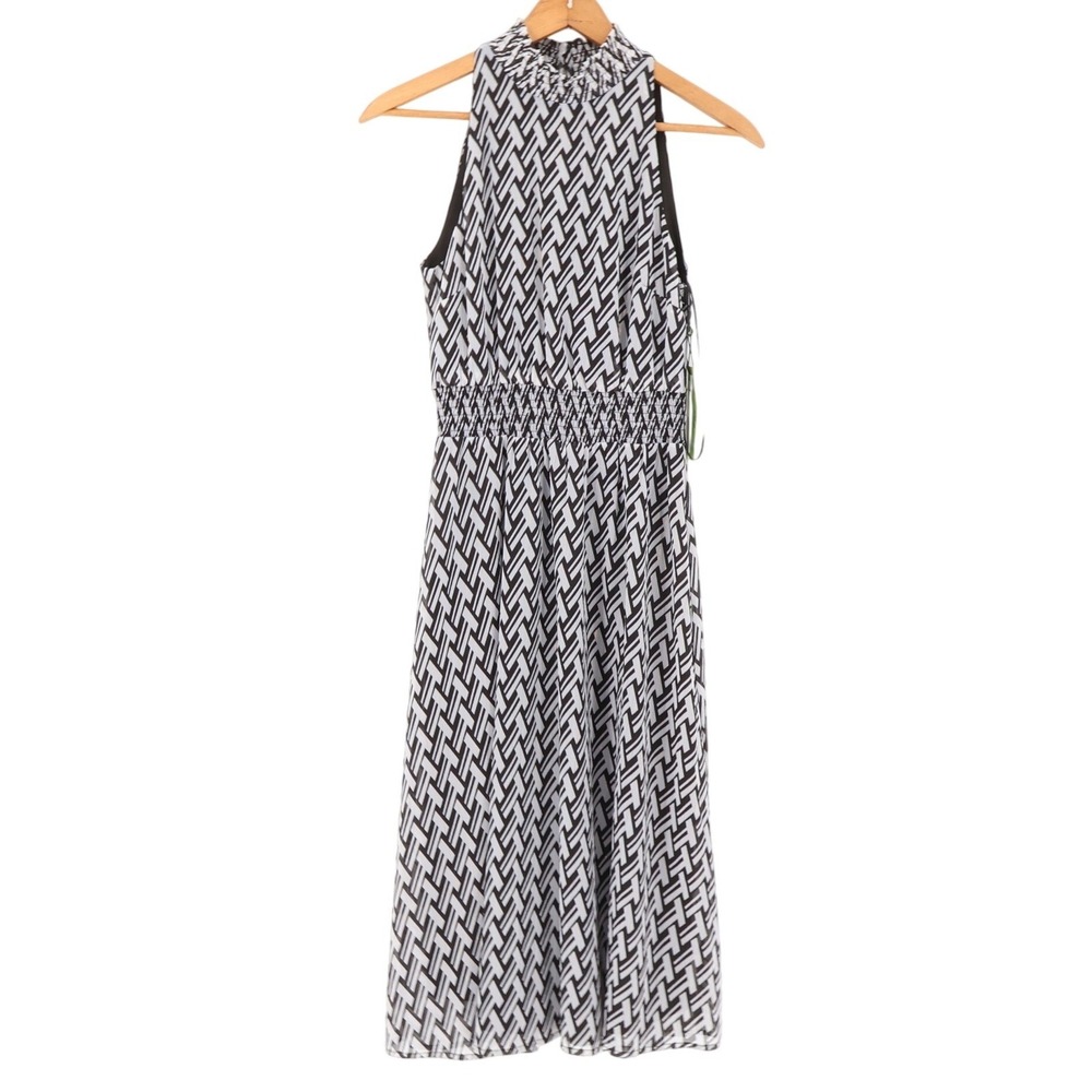Sam Edelman Geo Mock Neck Smock Waist Midi Dress Womens Size 4 Black White NWT